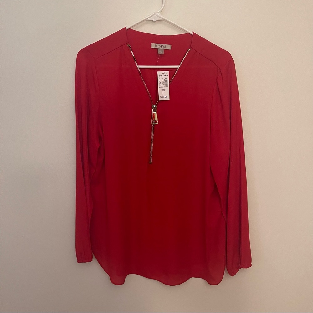 NWT Roz & Ali 3/4 Front Zip Red Blouse